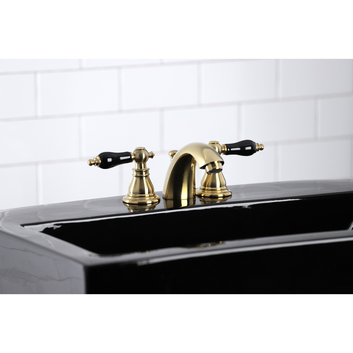 Kingston Heirloom KB957AKLSB - Duchess Two-Handle 3-Hole Deck Mount Mini-Widespread Bathroom Faucet with Pop-Up Drain, Brushed Brass — thumbnail 2